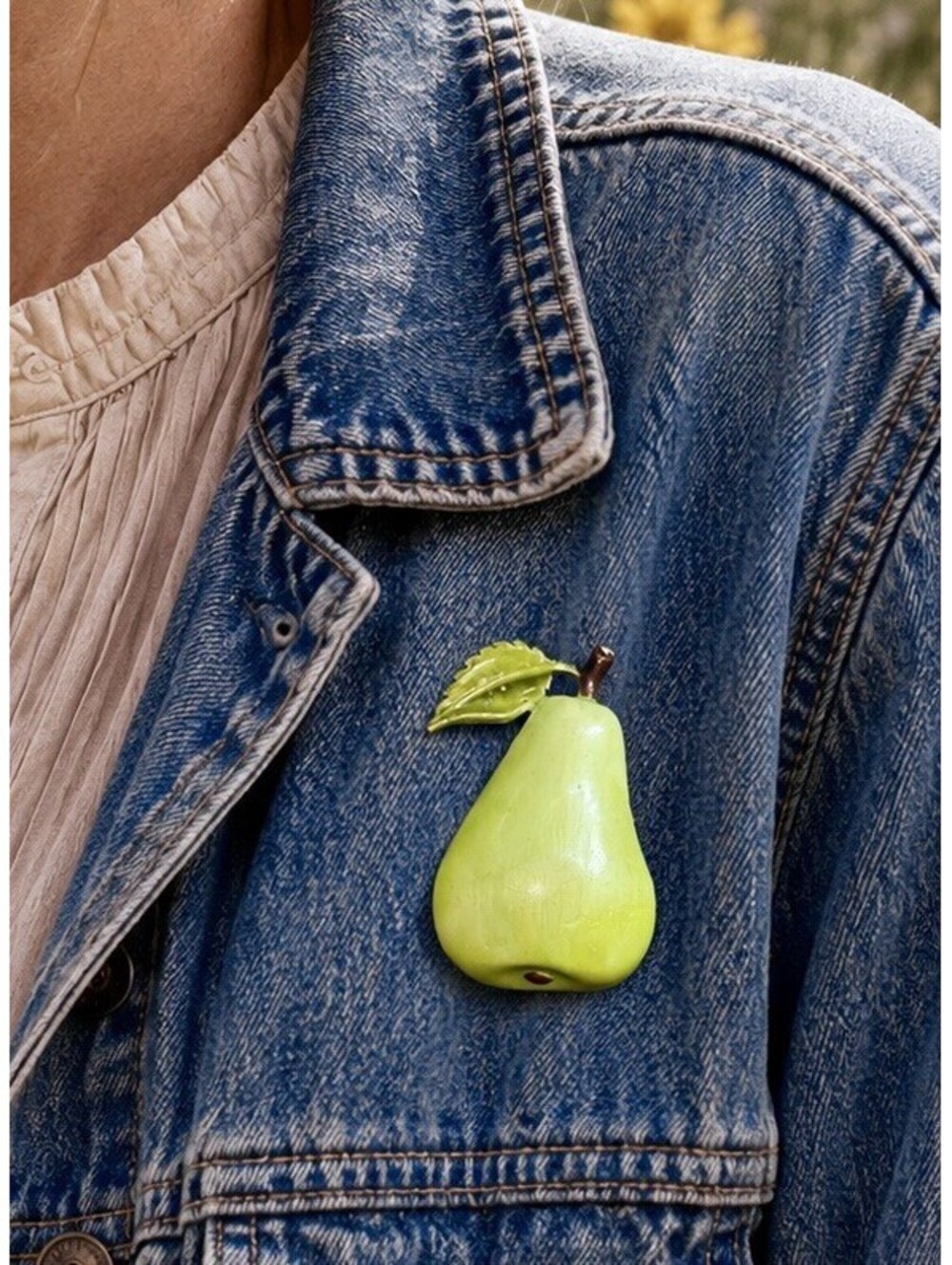 Vintage 1960s Pear Brooch Scarf Clip Gold Tone Green Enamel Fruit, 1.25x1.75”